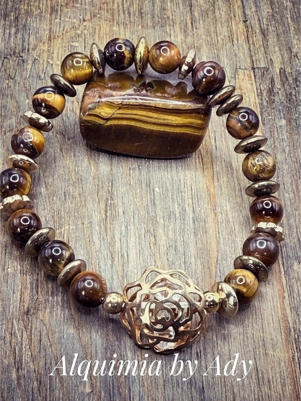 Beaded Tiger's Eye Bracelet in Brown & Gold